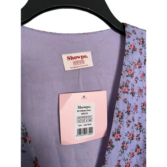 Showpo Wrap Dress Purple Floral Print V-Neck Short Sleeve Tie Waist Size 8 - Picture 2 of 7